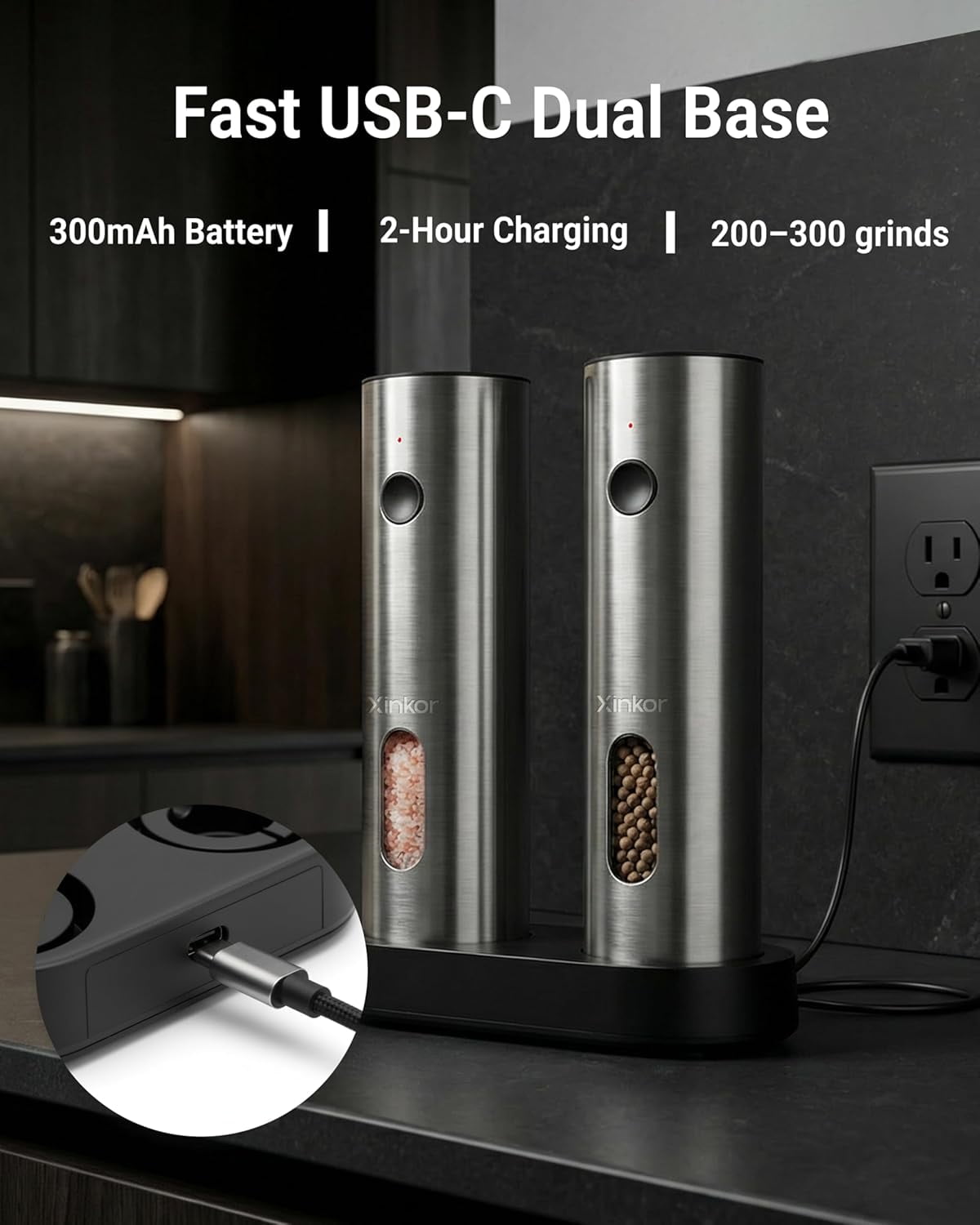 Electric Salt and Pepper Grinder Set with USB-C Charging Base, Stainless Steel Automatic Rechargeable Mill with LED Light & Large Capacity for Kitchen