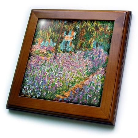 - 3dRose Print of Monet Painting Irises In Garden - Framed Tile, 6 by 6-inch