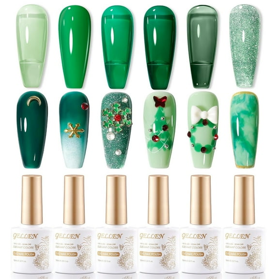 Gellen Emerald Green Gel Polish, 6 Colors Glassy Semi Sheer Jade Green Gel Nail Polish Set Soak Off UV Cure DIY Nail Art Gifts for Women, 10ml/0.33oz