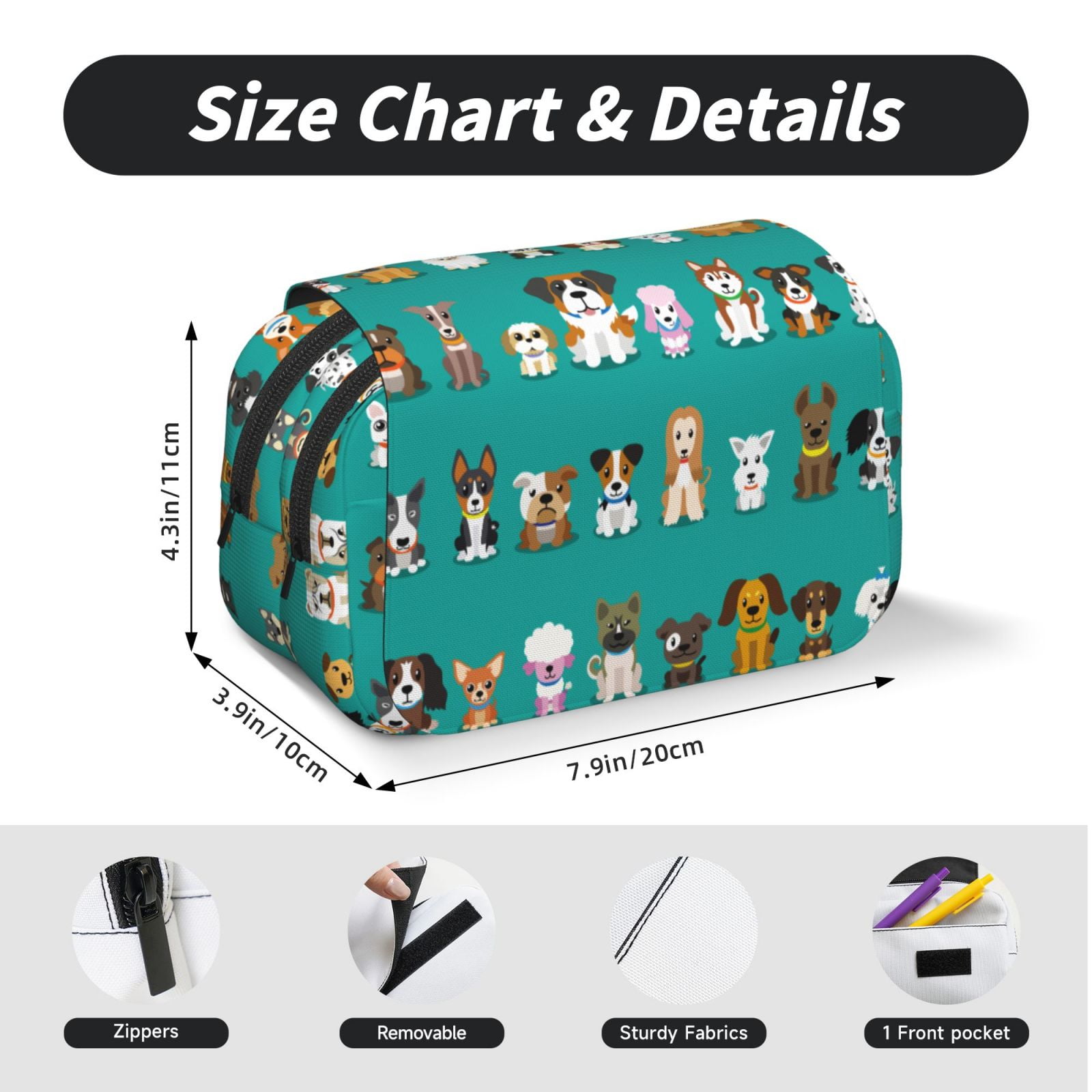 Rateoe Cartoon Dogs Pattern Double Clamshell Pen Case, Storage Organizer with Two Zipper Compartments– Holds Up to 50 Pencils & Pens