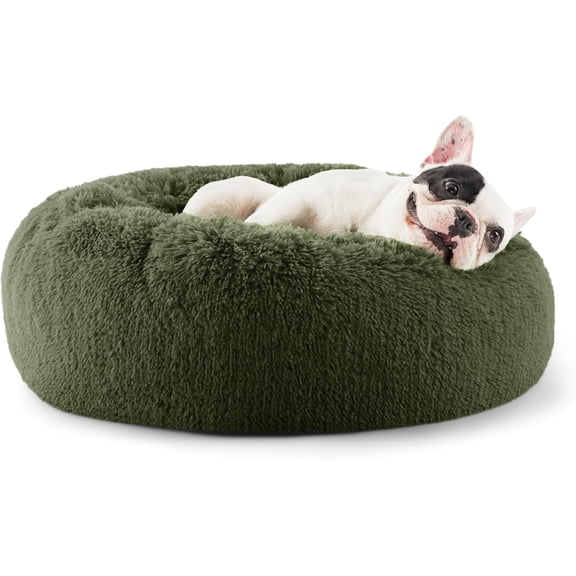 Calming Dog Beds Large Sized Dog - Donut Washable Large Pet Bed, 36 inches Anti-Slip Round Fluffy Plush Faux Fur Dogs Bed, Fits up to 80 lbs Pets, Rifle Green
