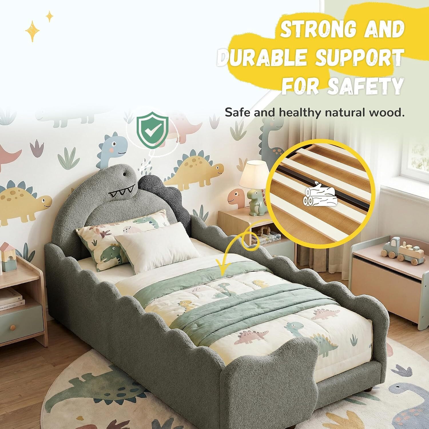 Avobird Twin Size Cute Dinosaur-Shaped Kids Bed with Safety Guardraild, Solid Wood Toddler Bed Frame for Children for Bedroom, Boucle Fabric, Gray