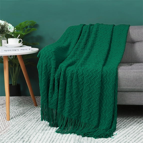 100% Acrylic Knit Throw Blanket Wave Pattern Soft Blanket with Tassels for Couch, Bed, Sofa, 50x60 Inch, Green
