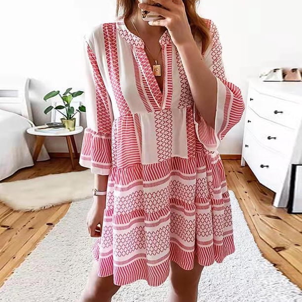 Puntoco Vestido De Manga Corta Con Cuello En V, Vestido Estampado Con Cuello En V Y Manga Tres Cuartos De Verano Para Mujer Rojo L