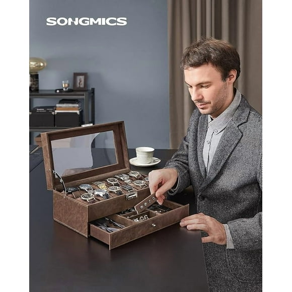 SONGMICS Caja de Relojes de 2 Niveles, Estuche para 12 Relojes, Tapa de Cristal, con Cerradura, Cuero Sintético Marrón y Forro Marrón