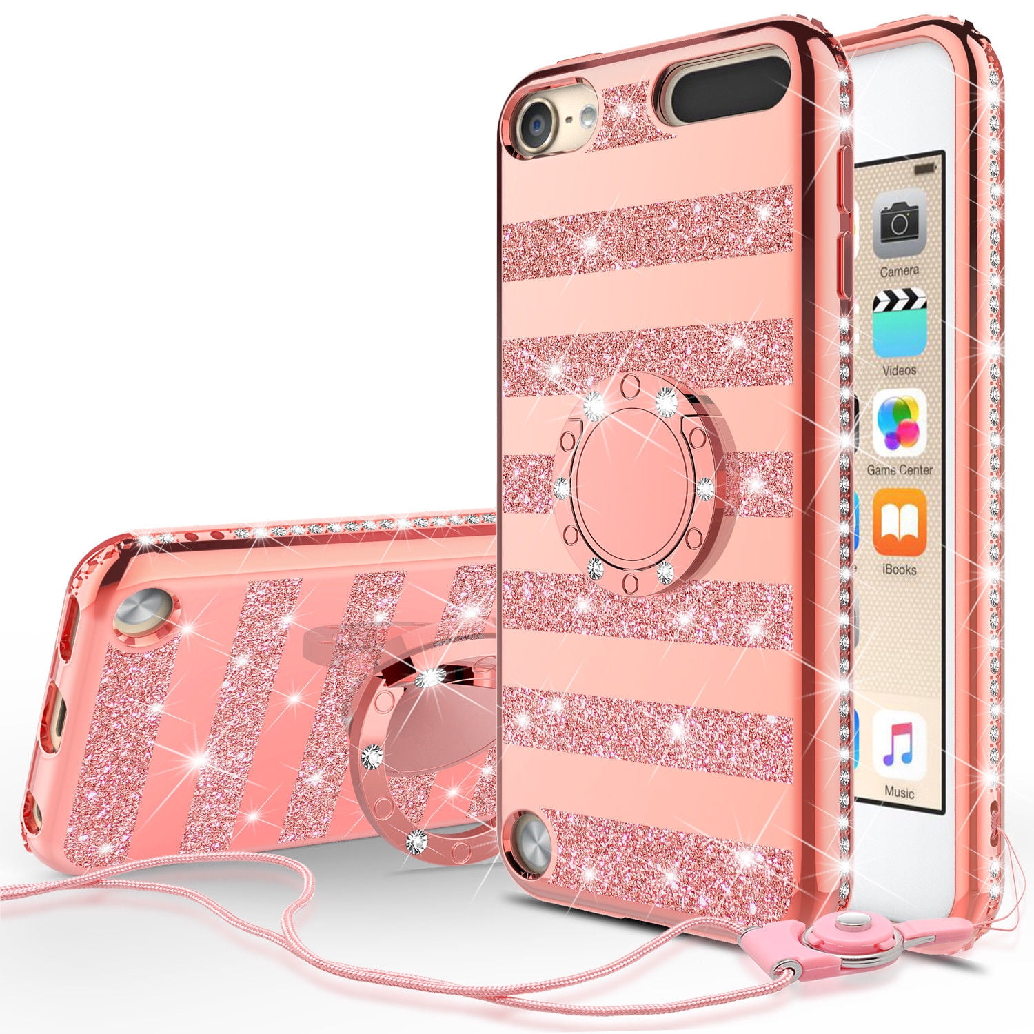 Pebish genoeg donor Apple iPod Touch 6 Case, iPod Touch 5 Case,Glitter Cute Phone Case Women  Girls with Kickstand, Bling Diamond Rhinestone Bumper Ring Stand Protective  Clear iPod Touch 5th/6th Gen. - Rose Gold Stripe -