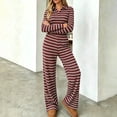 thumbnail image 4 of Lounge Sets for Women 2 Piece Outfits Striped Long Sleeve Lapel Top and Casual Wide Leg Pants Fall Trendy Two Piece Suit, 4 of 7