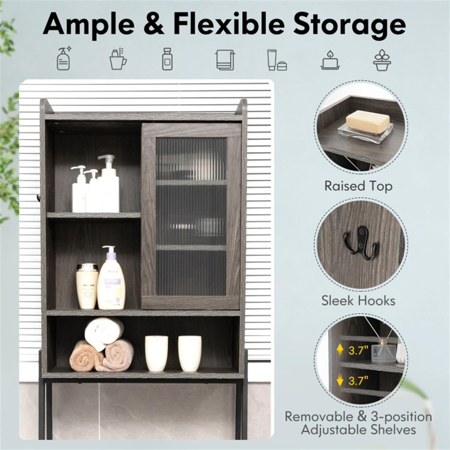 Demi Bonn Over The Toilet Storage Cabinet with Acrylic Doors and Adjustable Shelf, Bathroom Organizer with Metal Stand for Bathroom, Restroom, Laundry, Grey