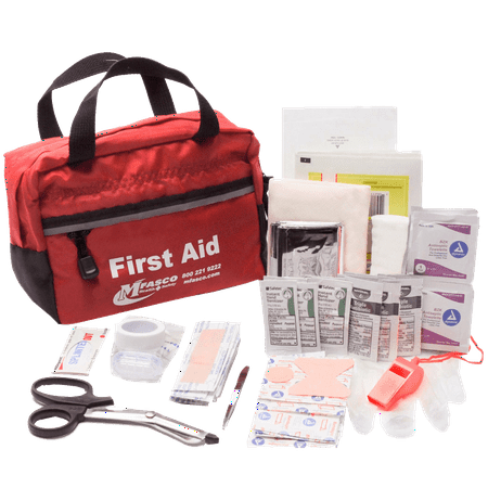 First Aid Kit for Home or Auto Packed in Compact Red Bag with Handles
