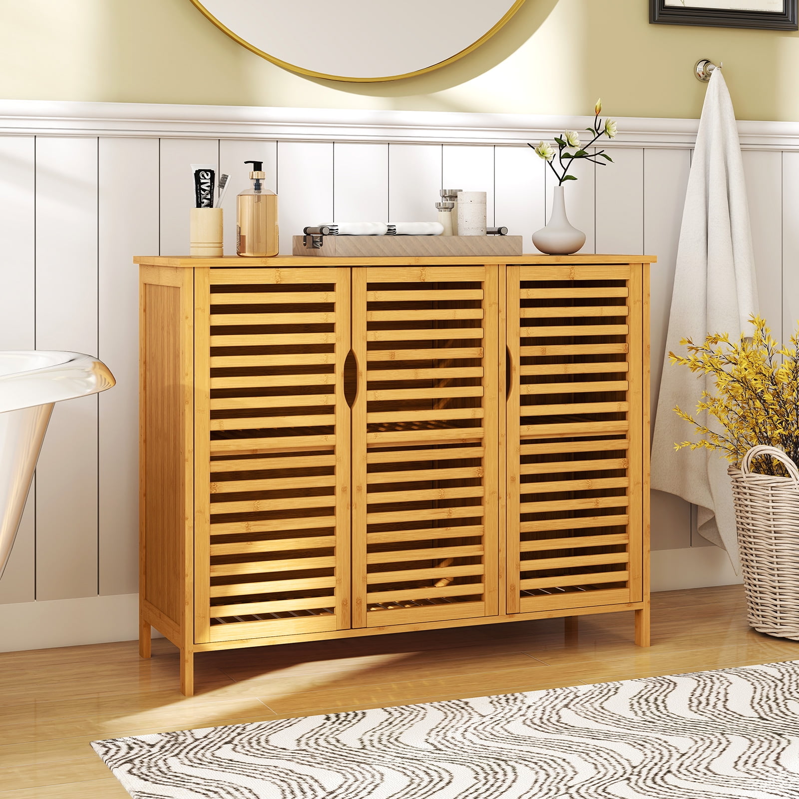 Gymax Bamboo Bathroom Cabinet 3-Door Storage Organizer w/ Shelves Natural