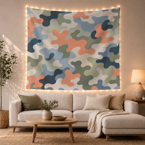 Abstract Camouflage Blobs Across a Pastel Layered Field, Calming Minimalist for Art Lovers, Modern Wall Art, Housewarming Gift, Tapestry Wall Hanging for Bedroom and Studio