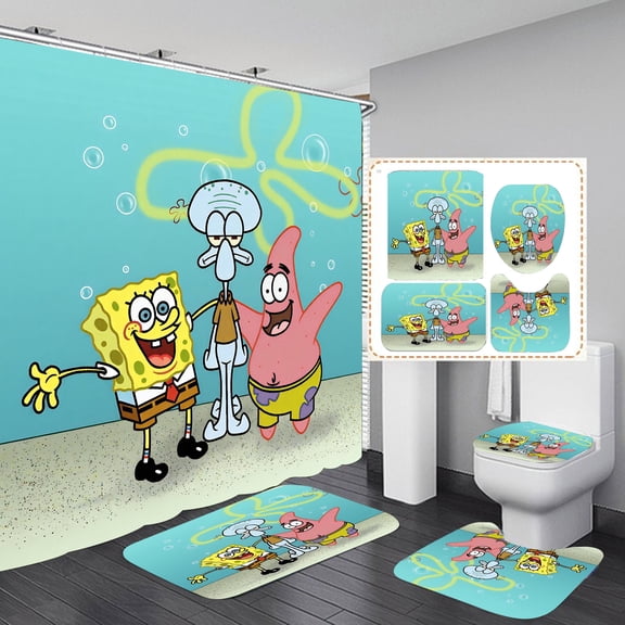 SpongeBob Shower Curtain Bathroom 4 Pieces Set Toilet Lid Cover and Bath Mat, Non-Slip Rugs Durable and Waterproof, for Bathroom Decor Set, 72" x 72"