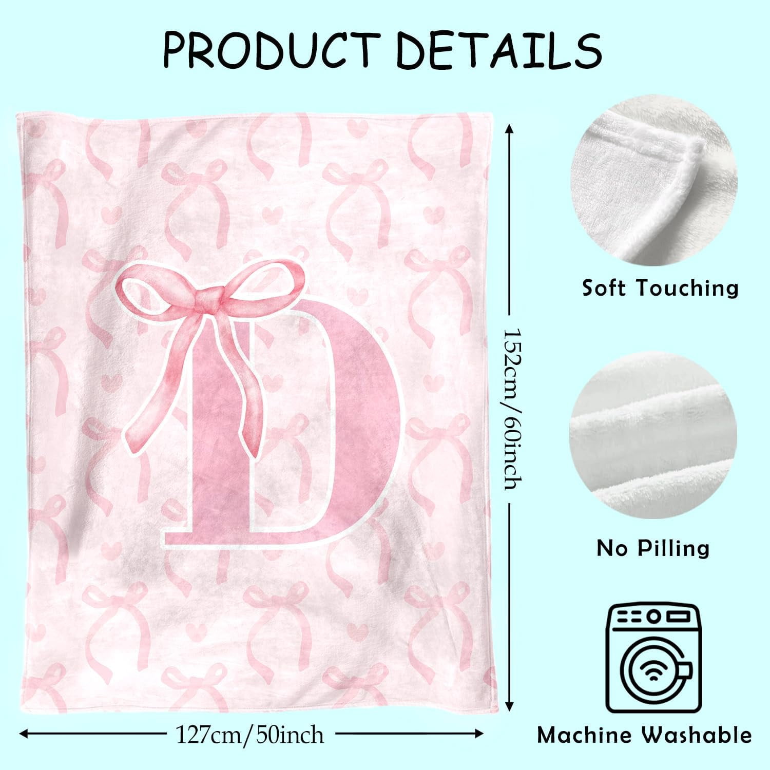 Coquette Pink Bow Throw Blanket, Personalized Initial Alphabet Fluffy Cozy Flannel Blanket, Monogrammed Gifts for Women, Unique Customized Blanket for Her Girls Christmas Birthday