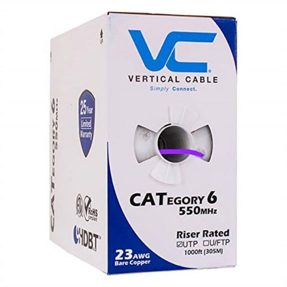 vertical cable cat6, 550 mhz, utp, 23awg, solid bare copper, 1000ft, purple, bulk ethernet cable - 060 series