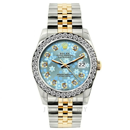Rolex Datejust Diamond Watch, 26mm, Yellow Gold and Stainless Steel Bracelet Ice Blue Flower Dial w/ Diamond Bezel, Rolex, Adult, Female