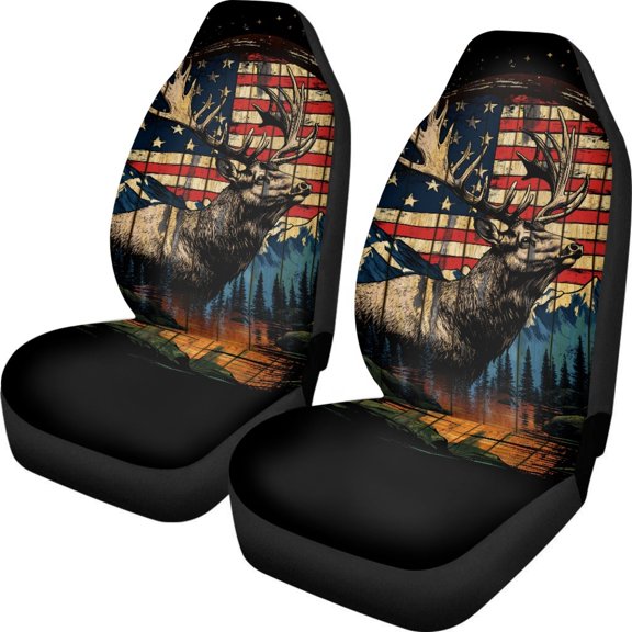 POLERO Deer USA Flag Print Polyester Vehicle Seat Protectors w/Organizer Pocket, Waterproof Car Seat Covers for Women, 2 Pcs Front Seat Cover