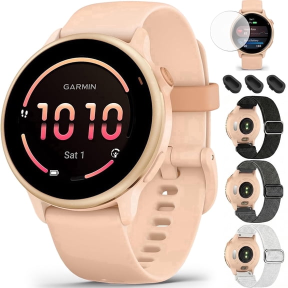 Garmin 010-02985-03 VIVOACTIVE 6 Health and Fitness GPS Smartwatch Pink Dawn with Silicone Band Bundle with Deco Essentials Nylon Elastic Bands 3 Pack, Dust Cover 3 Pack and Screen Protector 2 Pack