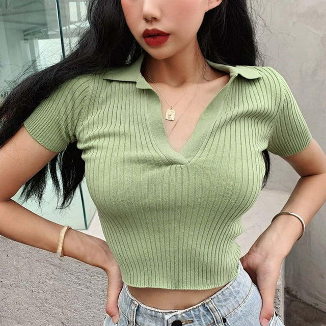 Roncen Women Knit Crop Polo Shirts,Summer Short Sleeve Ribbed Collared T-Shirt Solid Fitted V Neck Tops