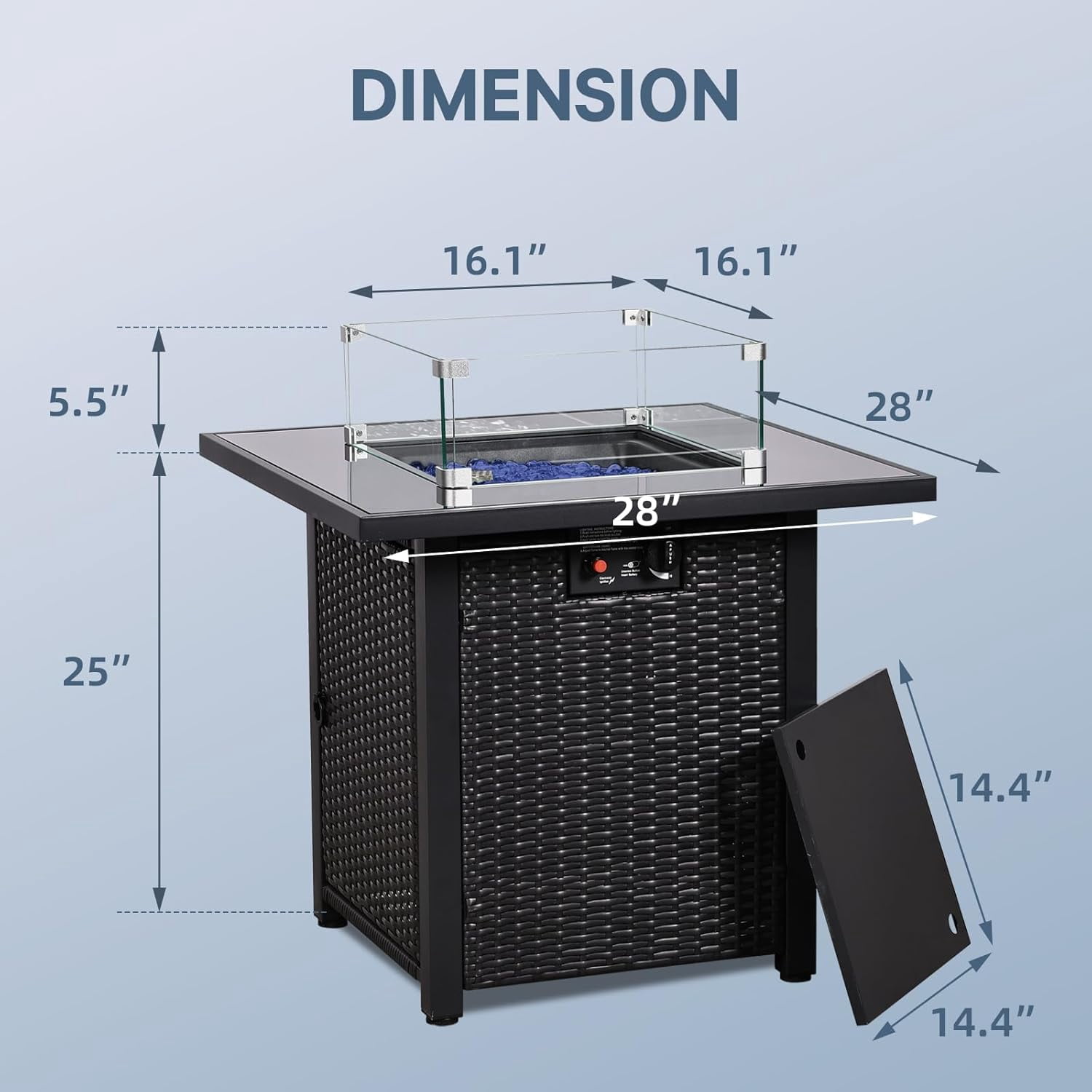 28" Propane Fire Pit Table, 50,000 BTU Steel Gas Firepit, Rectangular Fire Pits with Cover, CSA Certified, Pulse Ignition,Glass Stone,Wind Guard, Ideal for Outdoor Patio,Dining-Black