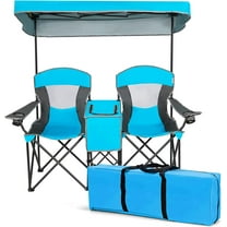 PRZL Double Camping Chair w/Shade Canopy, 2-Person Folding Camp and Beach Chair with Mini Table Beverage Cup Holder Carrying Bag, Collapsible Camping Chairs for Garden Patio Pool Beach
