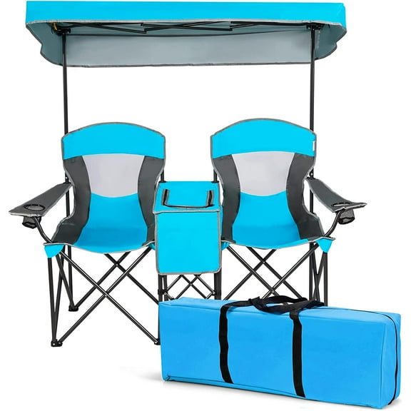 PRZL Double Camping Chair w/Shade Canopy, 2-Person Folding Camp and Beach Chair with Mini Table Beverage Cup Holder Carrying Bag, Collapsible Camping Chairs for Garden Patio Pool Beach