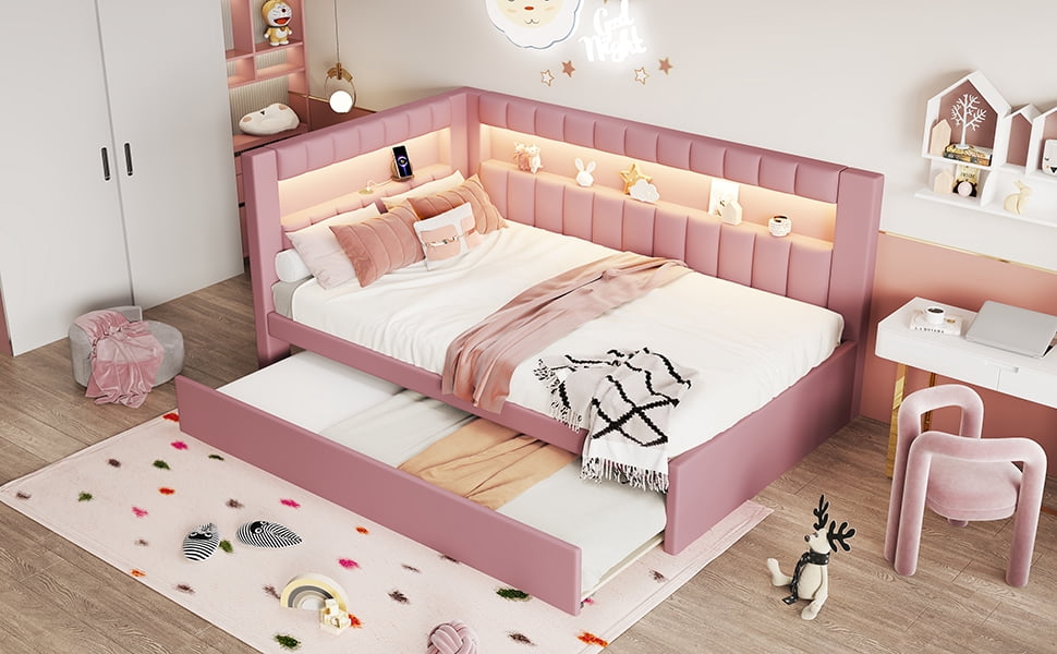 Noble House Upholstered Twin Size Platform Bed with USB Ports and LED Belt, With Trundle, Pink