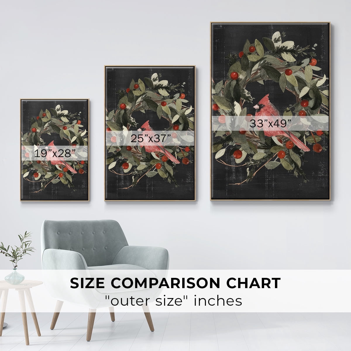 Christmas Cardinal I - Framed Gallery Wrapped Holiday Canvas - 25 x 37 - Natural Wood Frame