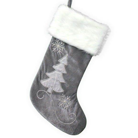 GiftsForYouNow Gray Velvet Christmas Stocking – White Fur Cuff with Embroidered Tree and Snowflake Design