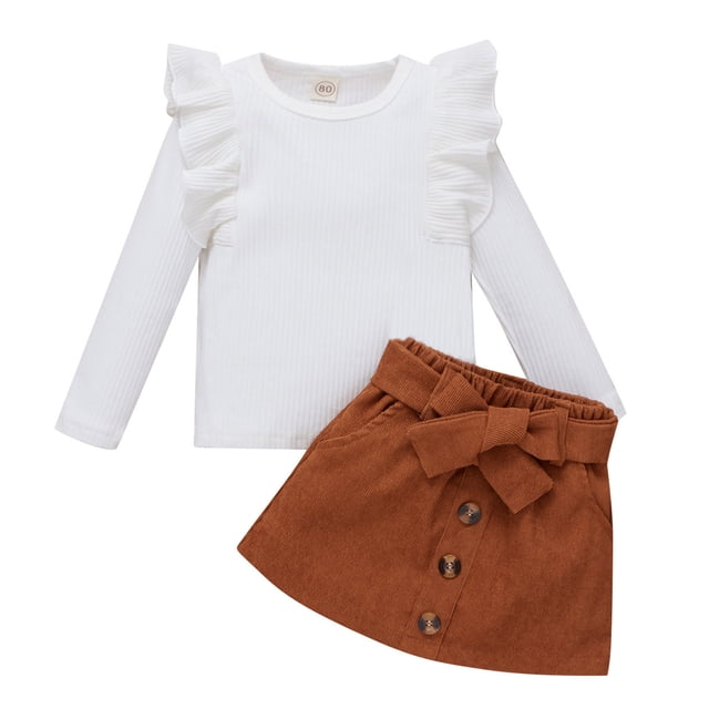 Toddler Kids Baby Girls Ruffled Crewneck Long Sleeve Ribbed Sweatshirt Tops Solid Skirt Set 2PCS Fall Clothes Set
