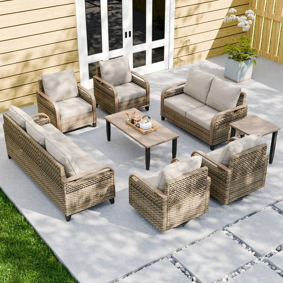 EAGLE PEAK 8 Piece Wicker Outdoor Patio Furniture Set, Patio Set with 2 Swivel Rocking Chairs, 2 Patio Chairs, 3 Seat Loveseat Sofa, 2 Seat Loveseat Sofa, Coffee Table and Side Table, Brown/Gray