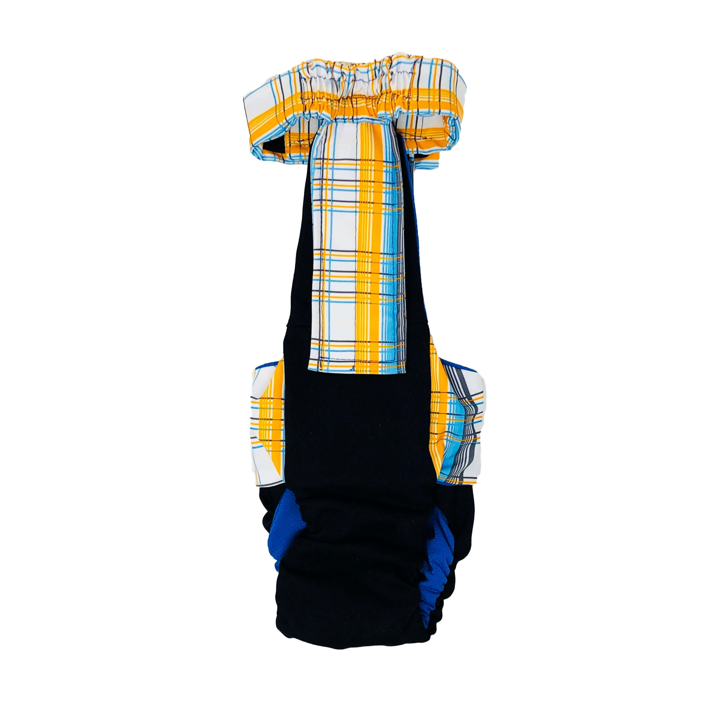 Barkertime Blue Yellow Plaid on Black Dog Diaper Overall