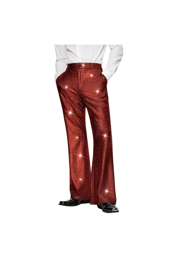 Men's Metallic Glitter Wide Leg Trousers Performance Shiny Disco Pants Trendy Fashion Party Clubwear Red XL