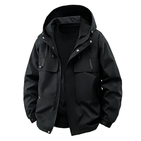 Mrmaere Hooded Multi Pocket Cargo Jacket Men Hooded Button Zip Up Casual Workwear Jacket Black L