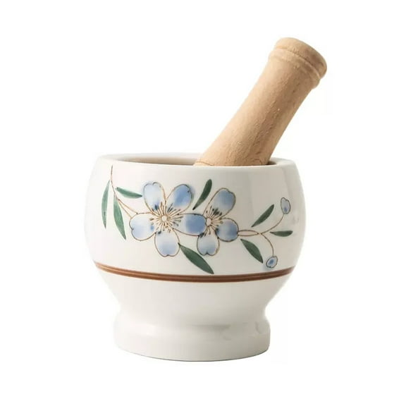 Mortar and Pestle Ceramic Suribachi and Surikogi Set Elegant Pottery Floral Pattern White