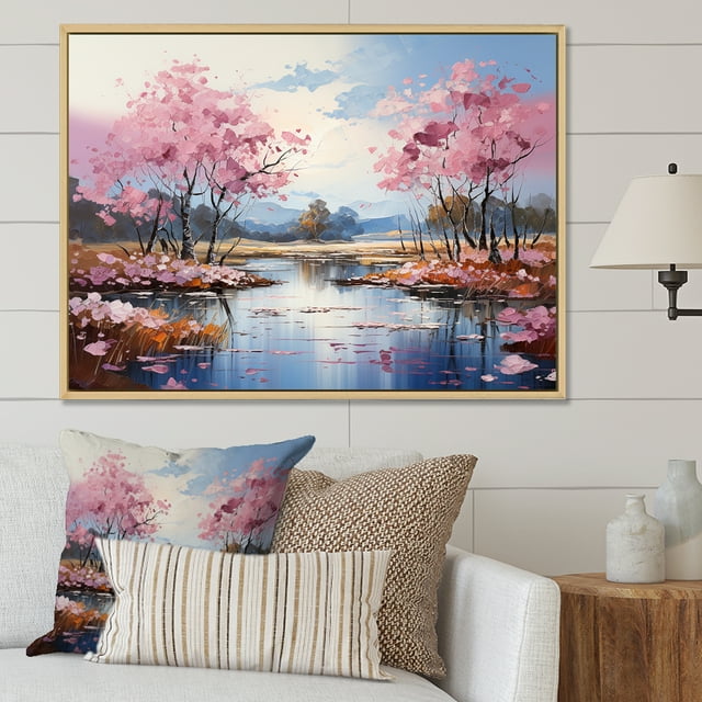 Designart Large Tree Natural framed wall art, Charming Country Pink Blossom Trees , Trees framed wall art decor, Pink Natural framed wall art, 40x30 inches Natural brown color Frame