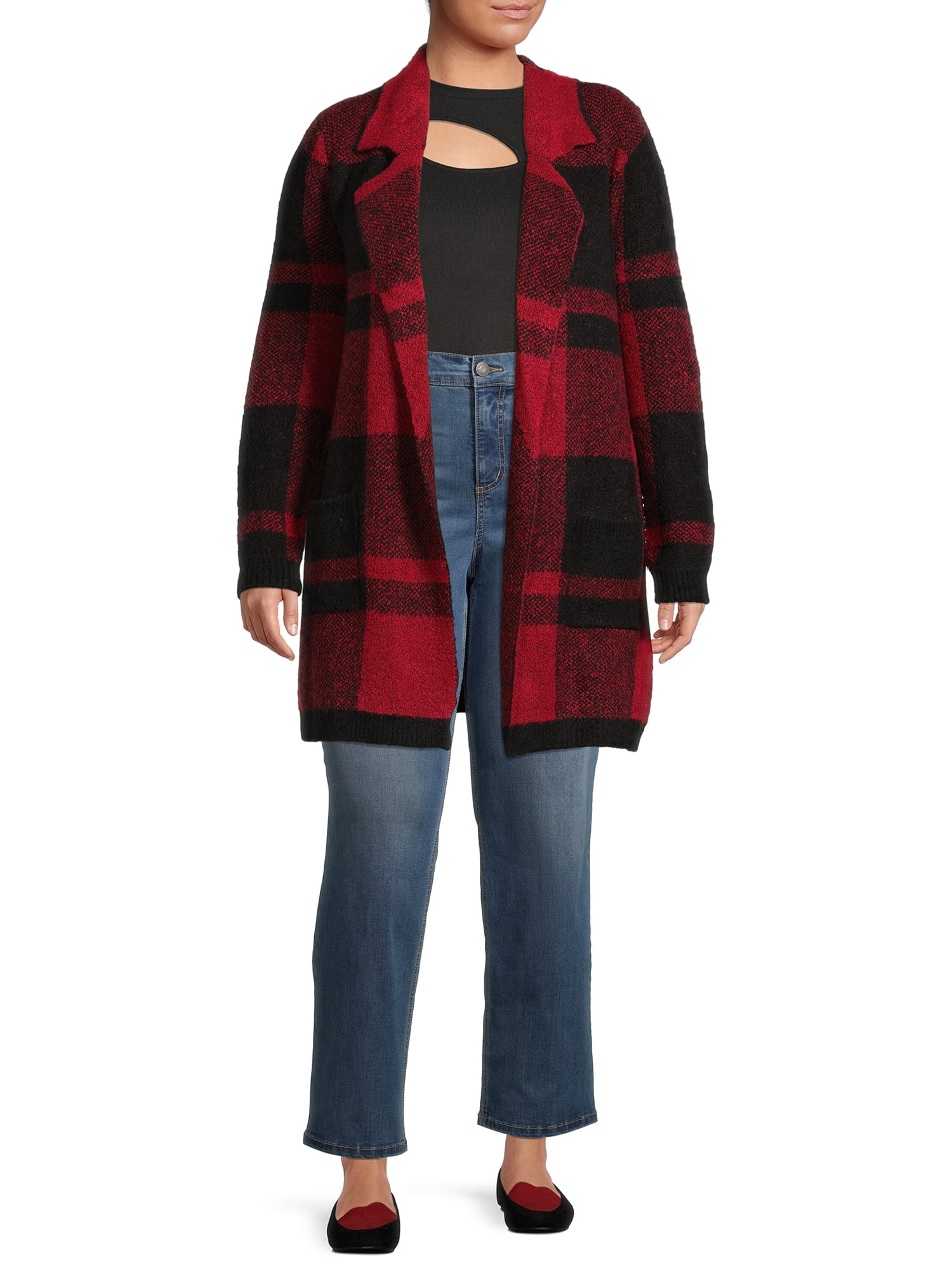 Absolutely Famous Women's Plus Size Notch Collar Plaid Coatigan