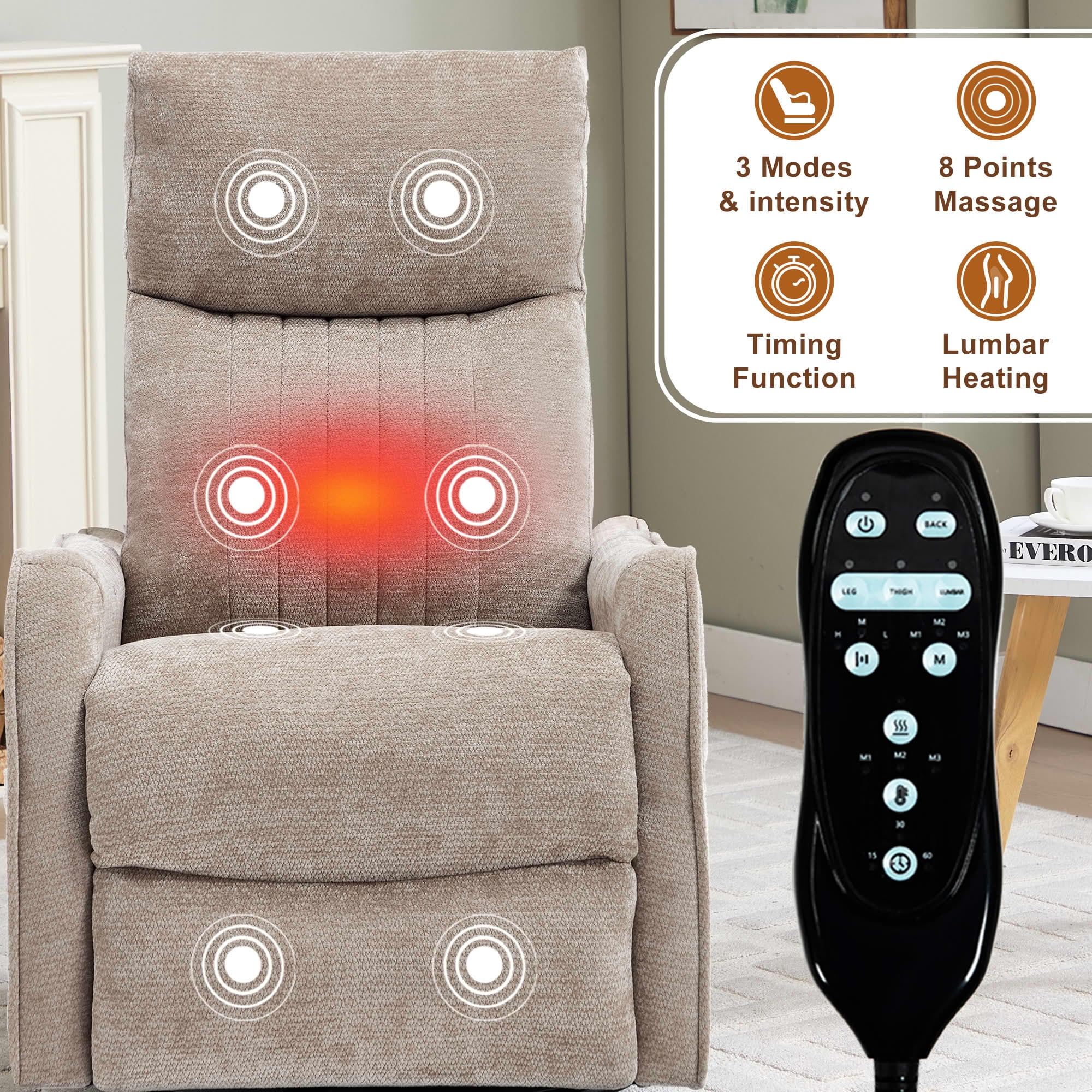 MAYEERTY Faux Leather Heat Massage Recliner Chair, 360° Swivel Rocker 26"x35"x39" for Living Room, Dark Brown