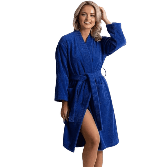 Elegani Women's 100% Cotton Terry Kimono Bathrobe (Luxury Spa Comfort) Royal Blue S/M