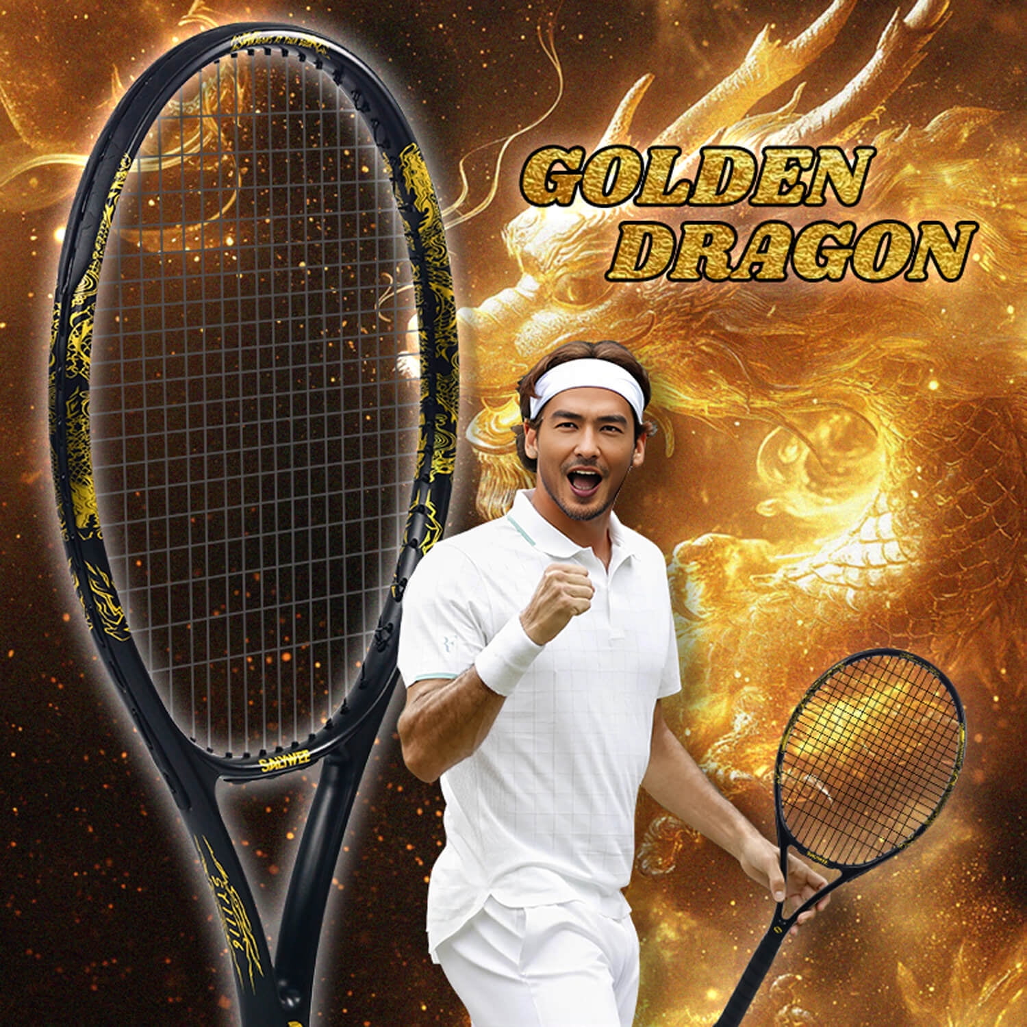 SALYWEE Golden Dragon Series Tennis Racquet, Pre-Strung, Black/White, 11.3 oz. Weight, 105 Sq. in. Racquet Head Size