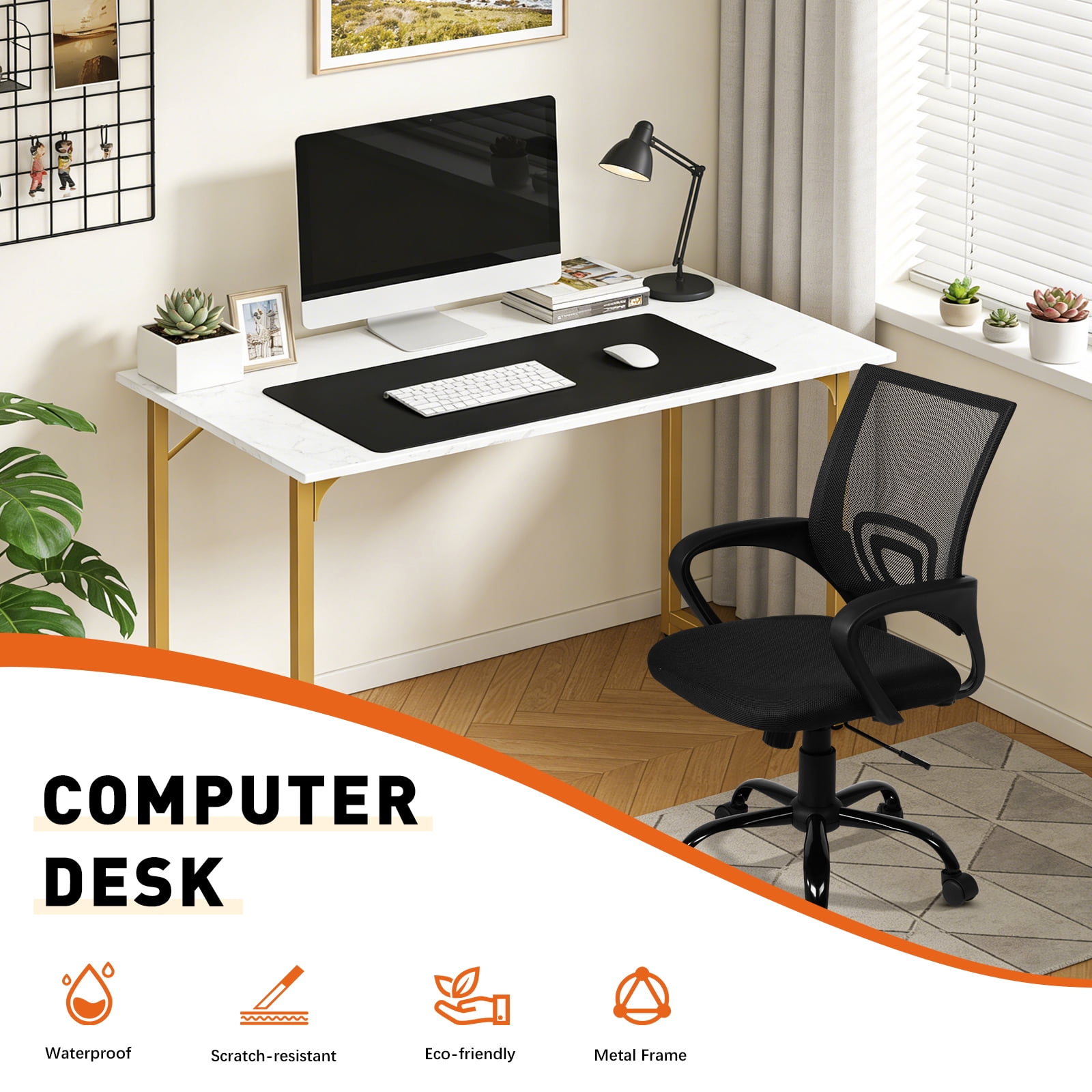 Dkelincs 40 inch Computer Desk and Chair Set Home Office Modern Wood Study Desk & Mesh Ergonomic Height Adjustable Office Chair for Small Spaces, Gold & Black