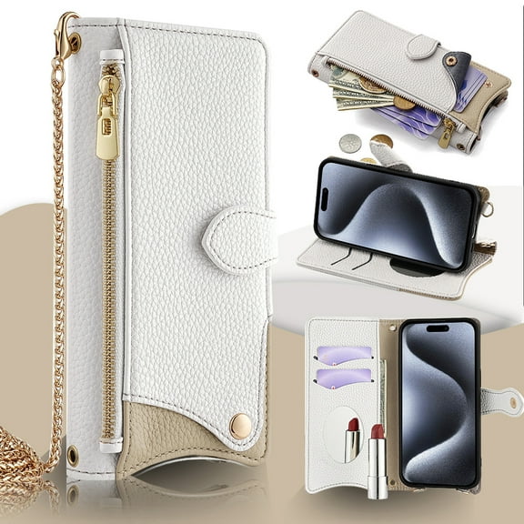 Crossbody Wallet Case for iPhone 14 with Make-up Mirror, Detachable Chain Strap, Zipper Purse Card Slots Adjustable Kickstand, PU Leather Shockproof Full Body Cover for Women Girls, White