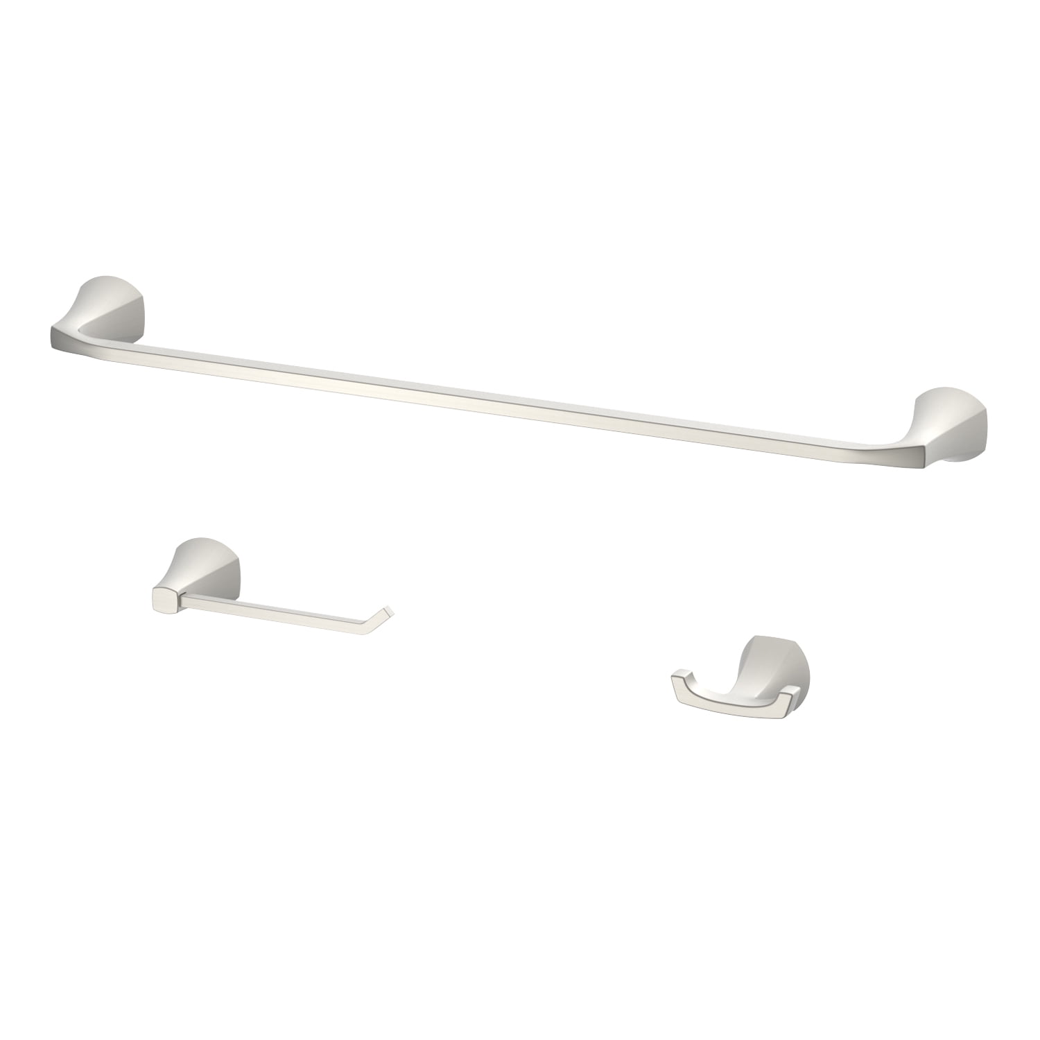 Better Homes & Gardens Simple Flare 3-Piece Bath Hardware Set, Satin Nickel, Wall Mounted, Towel Bar, Toilet Paper Holder, Robe Hook
