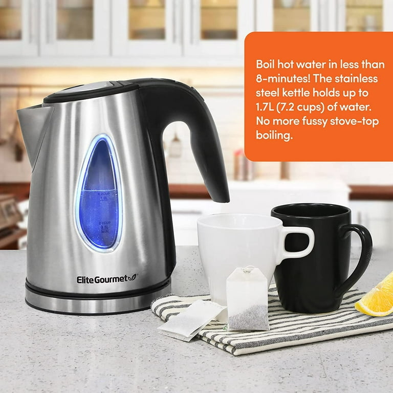 Elite Gourmet EKT-1203W 1350W Double Wall Insulated Cool Touch Electric  Water Tea Kettle, BPA Free Stainless Steel Interior and Auto Shut-Off