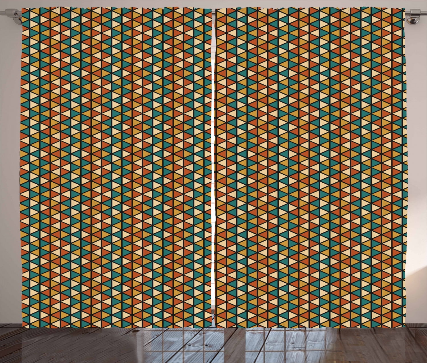 Geometric Curtains 2 Panels Set, Retro Colored Grid Pattern with