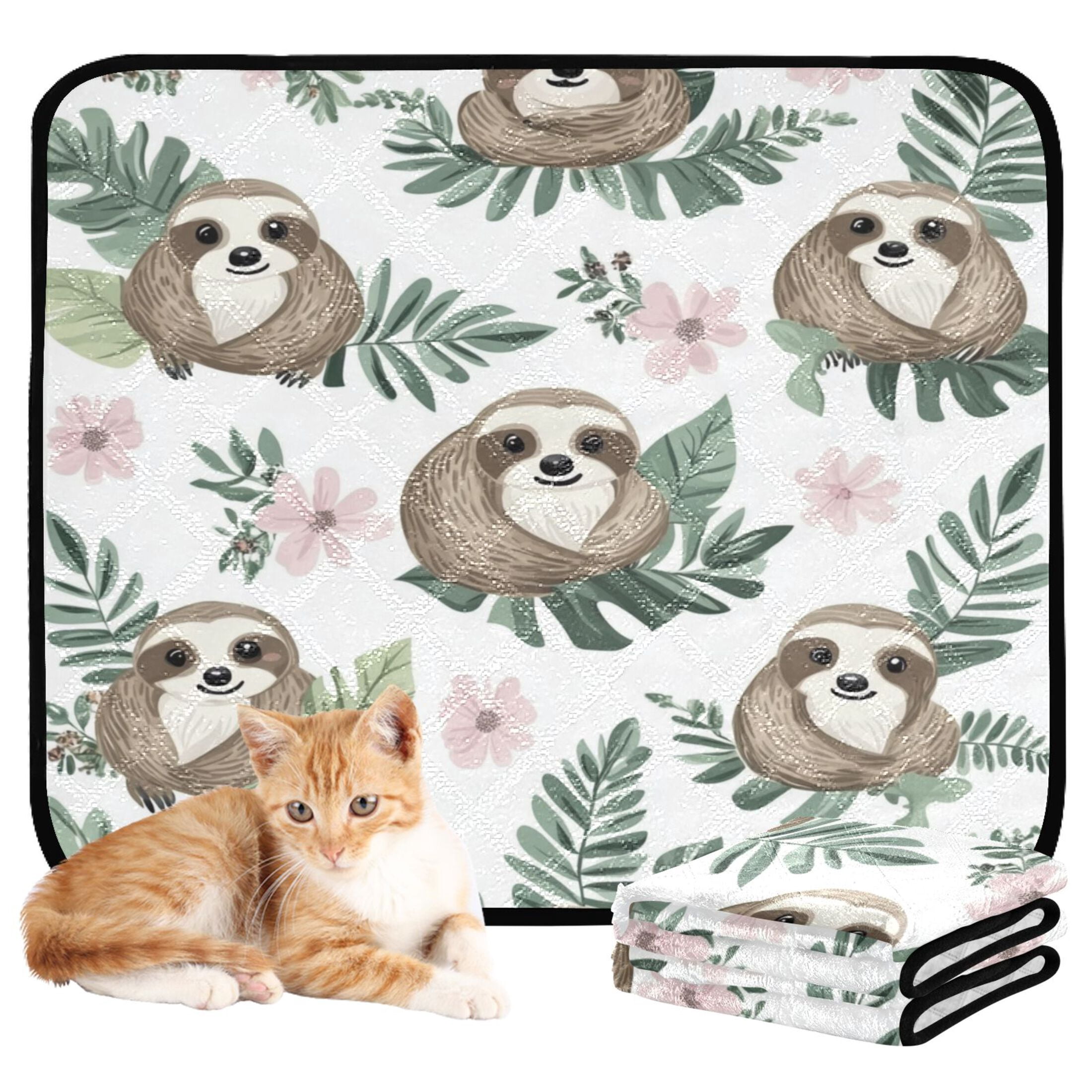 Qxltty Cute Cartoon Sloth Pattern with Tropical Leaves Cat litter Pads Pet Set of 2 Diaper Mats Center Anti-leakage Layer Absorbent Soft and Comfortable