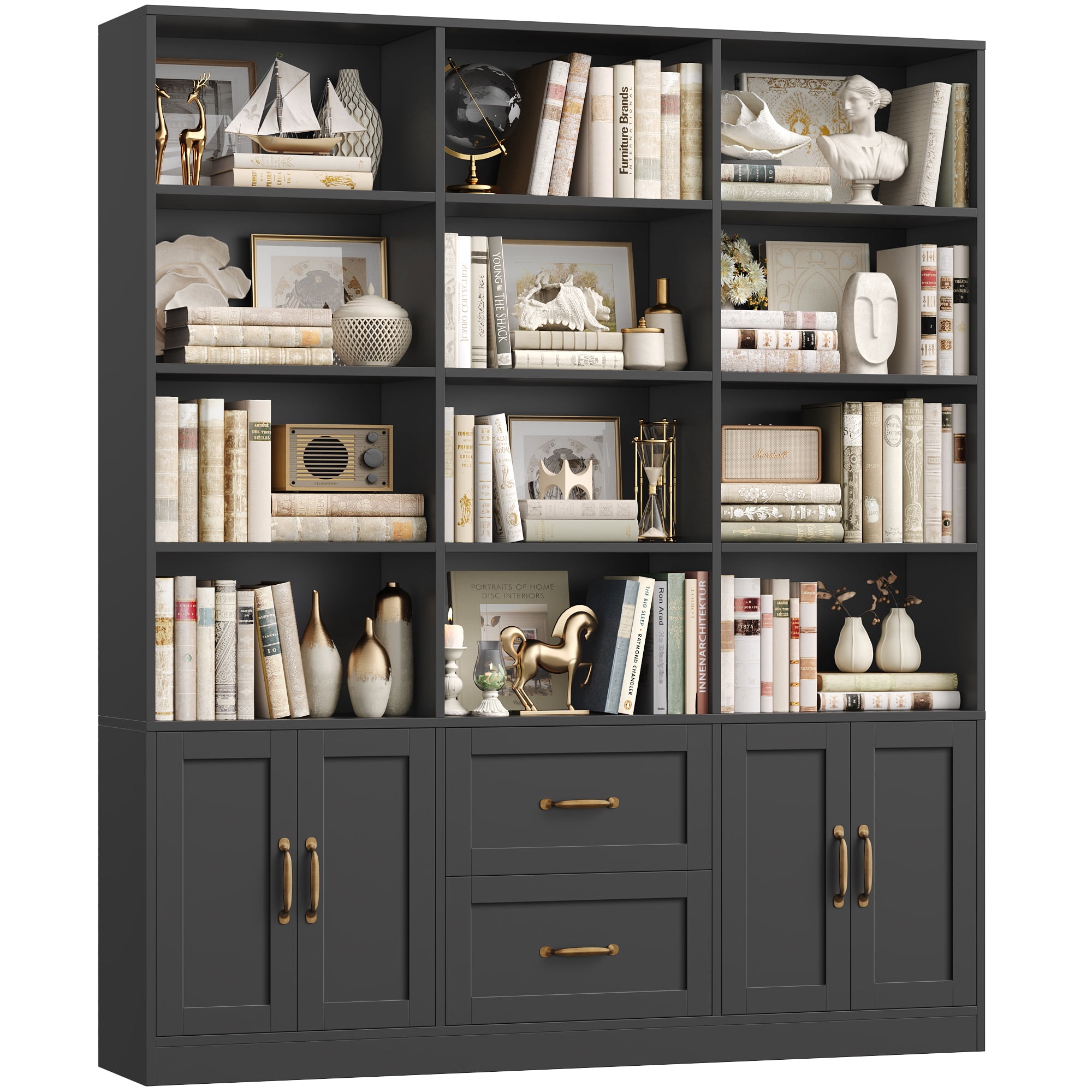 Hiphuta 71" Tall Triple Row 4-Tier Bookcase with 12 Open Cubes, 59" Wide Extra Large Display Bookshelf with 4 Doors and 2 Drawers, for Office Living Room, Black