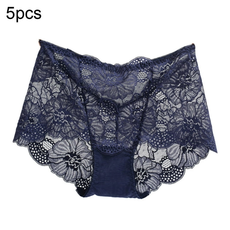 5Pcs Women Lace See Through Hollow out Elastic Underwear High Waist  Briefs,Dark Blue XL