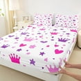 thumbnail image 6 of jejeloiu Kawaii Princess Crown Queen Sheet Sets,Fairy Tale Theme Flat Sheet,Pink Purple Loves Stars Queen Fitted Sheet For Girls Kids,Ultra Soft Home Decor,4-Piece, 6 of 7