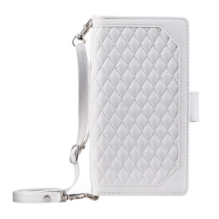 Dteck Zipper Wallet case for Samsung Galaxy S9, Argyle Pattern Leather case with Handstrap Crossbody Shoulder Strap Kickstand Card Slots Magnetic Shockproof Case For Samsung Galaxy S9,White