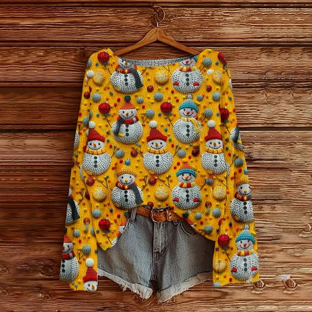 Chandails d'Hiver Grande Taille pour Femmes Mode Décontractée Imprimé de Noël Chandail à Manches Longues Jaune G